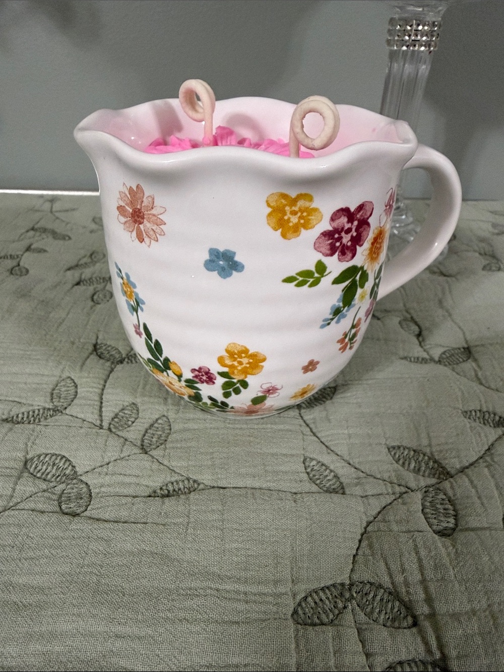 Floral Ceramic Pitcher - White with Multicolor Flowers